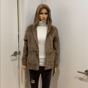 “Teddy” faux fur hooded jacket, mocha color